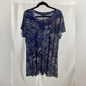 Candalite Womens Floral Print Short Sleeve Swing Dress Navy Blue Stretch 3X